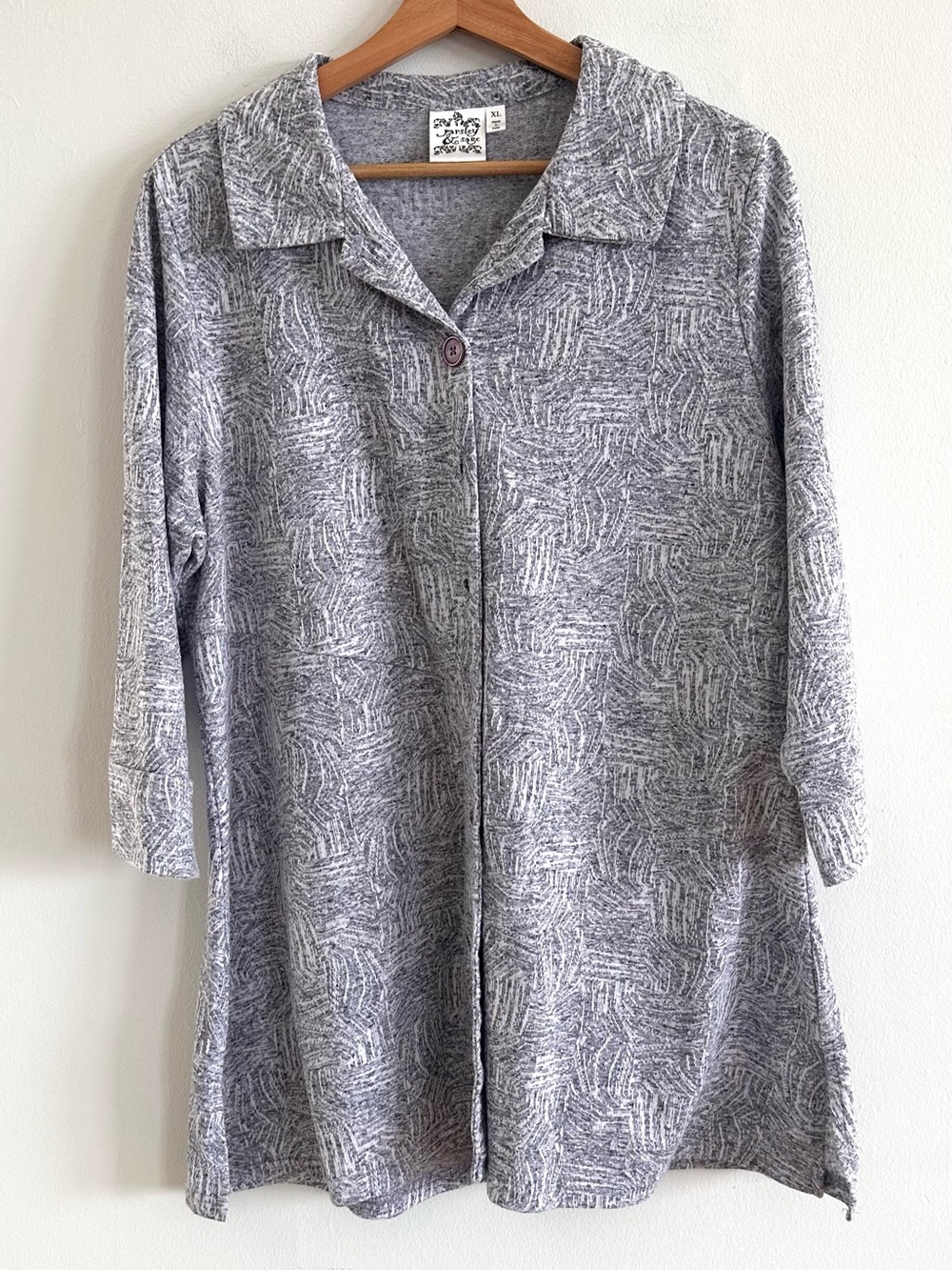 Parsley & Saige purple gray button front tunic shirt soft stretchy terry knit XL